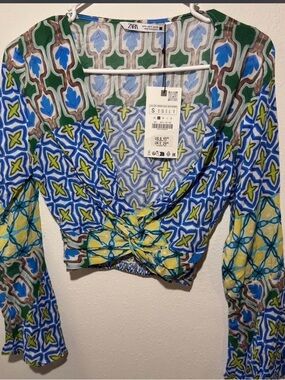 ZARA Blue Green Yellow Printed Twist-Front Crop Top